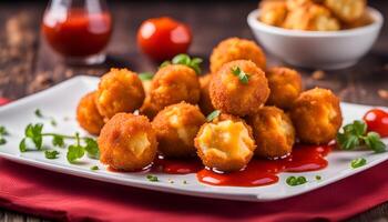 AI generated Deep fried cheese balls on plate and ketchup photo