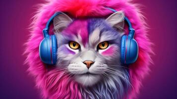 AI generated Stylish cat listening to music on colorful background with headphones, Generative AI photo