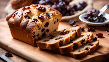 AI generated Raisin bread on a wooden table. photo