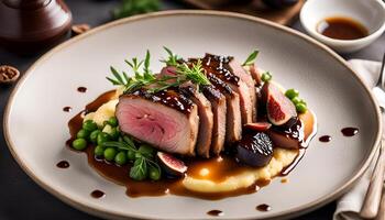 AI generated Glazed duck fillet  mashed potatoes seasoned with truffle oil  fig and aniseed sauce photo