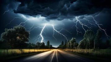 AI generated Thunderstorm shown rising over empty roadway, Generative AI photo