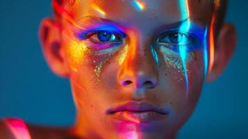 AI generated Close-up, Pretty face of a beautiful child boy with multi colors vivid makeup on minimal background, Generative AI photo