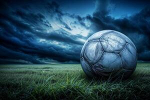 ai generado de cerca de antiguo fútbol pelota en el estadio en el noche luz, generativo ai foto