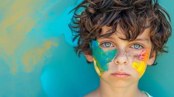 ai generado de cerca, bonito cara de un hermosa niño chico con multi colores vívido maquillaje en mínimo fondo, generativo ai foto