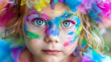 ai generado de cerca, bonito cara de un hermosa niño niña con multi colores vívido maquillaje en mínimo fondo, generativo ai foto