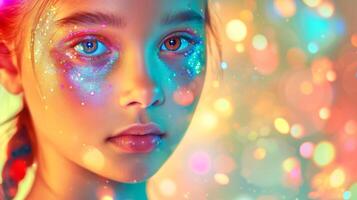 AI generated Close-up, Pretty face of a beautiful child girl with multi colors vivid makeup on minimal background, Generative AI photo