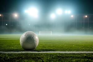 ai generado de cerca de fútbol pelota en el estadio en el noche luz, generativo ai foto