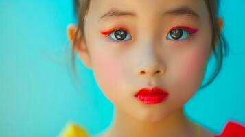 ai generado de cerca, bonito cara de un hermosa niño niña con multi colores vívido maquillaje en mínimo fondo, generativo ai foto