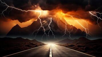 AI generated Thunderstorm shown rising over empty roadway, Generative AI photo