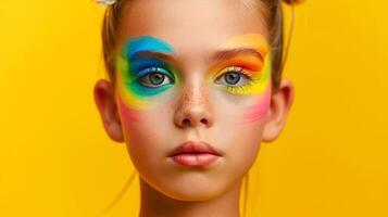 ai generado de cerca, bonito cara de un hermosa niño niña con multi colores vívido maquillaje en mínimo fondo, generativo ai foto