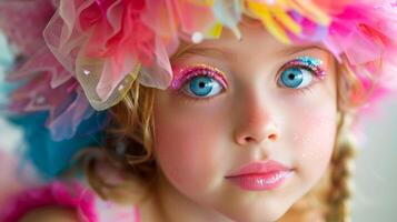 ai generado de cerca, bonito cara de un hermosa niño niña con multi colores vívido maquillaje en mínimo fondo, generativo ai foto