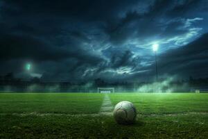 ai generado de cerca de antiguo fútbol pelota en el estadio en el noche luz, generativo ai foto