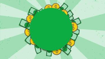 Money frame with a green circle on a green comic sun ray background video