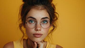 AI Generated Isolated waist up shot of a positive, dark haired older woman making a cherished wish wearing round spectacles and a casual t-shirt against a yellow background. photo