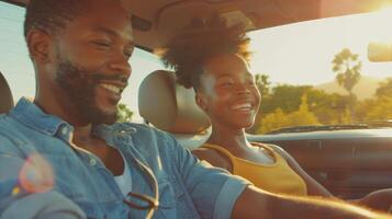 AI Generated Family of African Americans riding a car on a road trip by automobile enjoying the weekend. Panorama, selective focus. Black parents and daughter enjoying summer road trip together on a photo