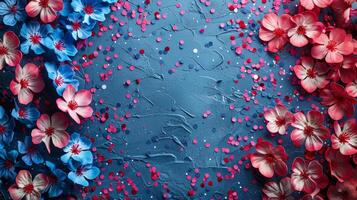 AI Generated In a high angle view, red, white, and blue star-shaped confetti surrounds an empty space on an isolated white background with copy-space. photo