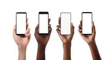 AI Generated Female hands holding smartphone with blank screen in different orientation isolated on white background, panorama, banner. Black woman on cellphone browsing the web, displaying free copy photo