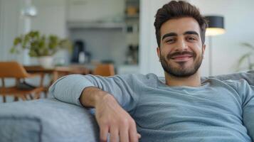 AI Generated Middle Eastern guy sitting on comfortable couch in living room. Cheerful man relaxing on sofa, leaning back, enjoying weekend free time or break from work. photo