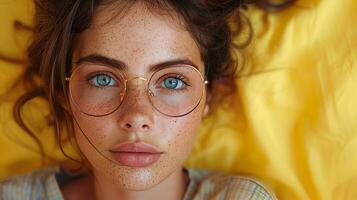 AI Generated Positive dark haired girl with round spectacles and casual t-shirt makes cherished wish for luck hoping good things will happen. photo