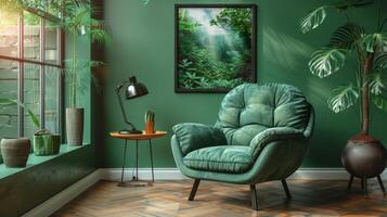 AI Generated The background is a green living room with a grey decorative chair, a lamp frame in the middle of the table, and a poster style graphic. photo