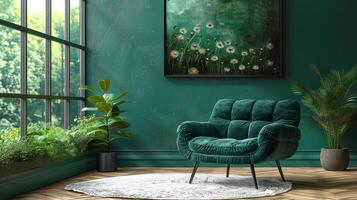 AI Generated An armchair between a dandelion plant and a green dandelion in a living room with dandelion plants and a grey painting in the interior photo