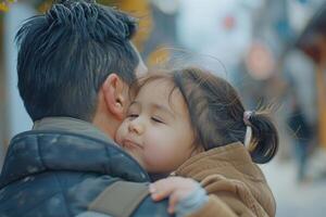 AI Generated Detailed portrait of a little girl kissing her dad on the cheek, embracing and kissing her father in the outdoors. Loving child embraces and kisses her father in the smile. photo