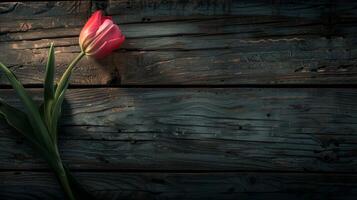 AI Generated A beautiful wooden background with tulips photo