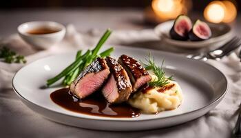 AI generated Glazed duck fillet  mashed potatoes seasoned with truffle oil  fig and aniseed sauce photo
