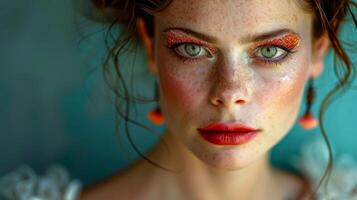 AI generated Close-up, Pretty face of a beautiful woman with multi colors vivid makeup on minimal background, Generative AI photo