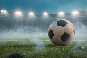 ai generado de cerca de antiguo fútbol pelota en el estadio en el noche luz, generativo ai foto