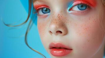 AI generated Close-up, Pretty face of a beautiful child girl with multi colors vivid makeup on minimal background, Generative AI photo