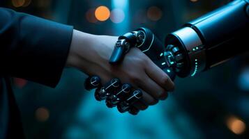 AI generated Robot handshake with human, future business partnership concept, Generative AI photo