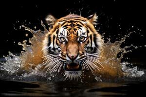 AI generated Close-up portrait of a tiger walking gracefully through river, Generative AI photo