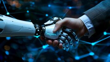 AI generated Robot handshake with human, future business partnership concept, Generative AI photo