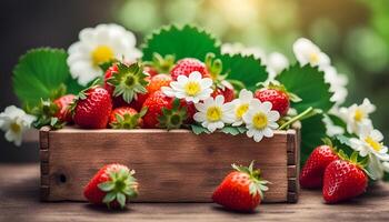 AI generated strawberries with flowers and leaves in a wooden box on a wooden table, place for text photo