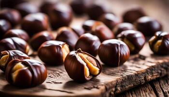 AI generated Roasted chestnuts on an old board. Selective focus. photo