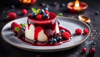 AI generated Panna Cotta with red berry sauce on a dark background. photo