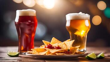 ai generado mexicano nachos papas fritas con salsa de tomate y cerveza foto