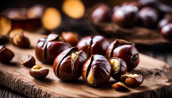 AI generated Roasted chestnuts on an old board. Selective focus. photo