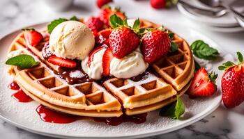 AI generated delicious waffles on white plate with strawberry and ice cream photo