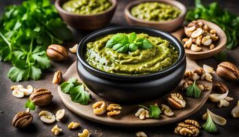 AI generated Pesto sauce with parsley and walnuts photo