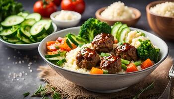 AI generated Healthy lunch bowl with meatballs, vegetables and cauliflower rice photo