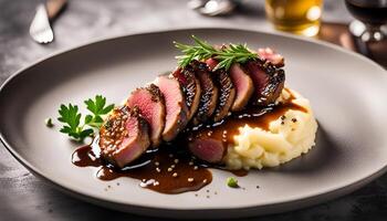 AI generated Glazed duck fillet  mashed potatoes seasoned with truffle oil  fig and aniseed sauce photo
