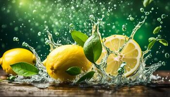 AI generated Water splashing on lemons and green tea leaf photo