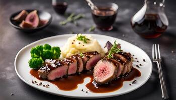AI generated Glazed duck fillet  mashed potatoes seasoned with truffle oil  fig and aniseed sauce photo