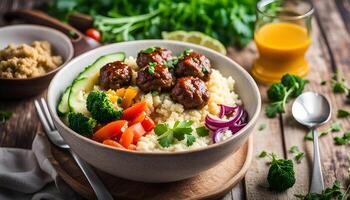 AI generated Healthy lunch bowl with meatballs, vegetables and cauliflower rice photo