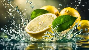 AI generated Water splashing on lemons and green tea leaf photo