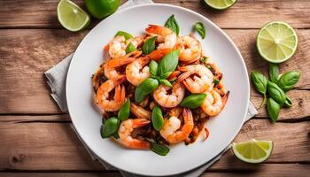 ai generado tailandés remover frito langostinos con cebolla, jengibre, albahaca y Lima. frito camarón en un blanco plato en un de madera superficie. foto