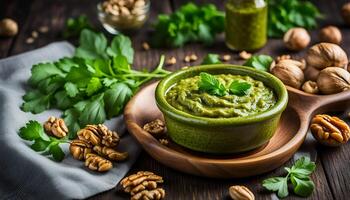 AI generated Pesto sauce with parsley and walnuts photo