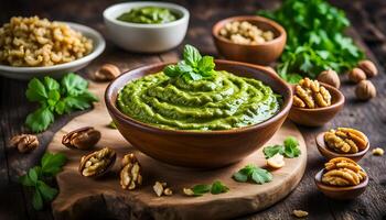 AI generated Pesto sauce with parsley and walnuts photo